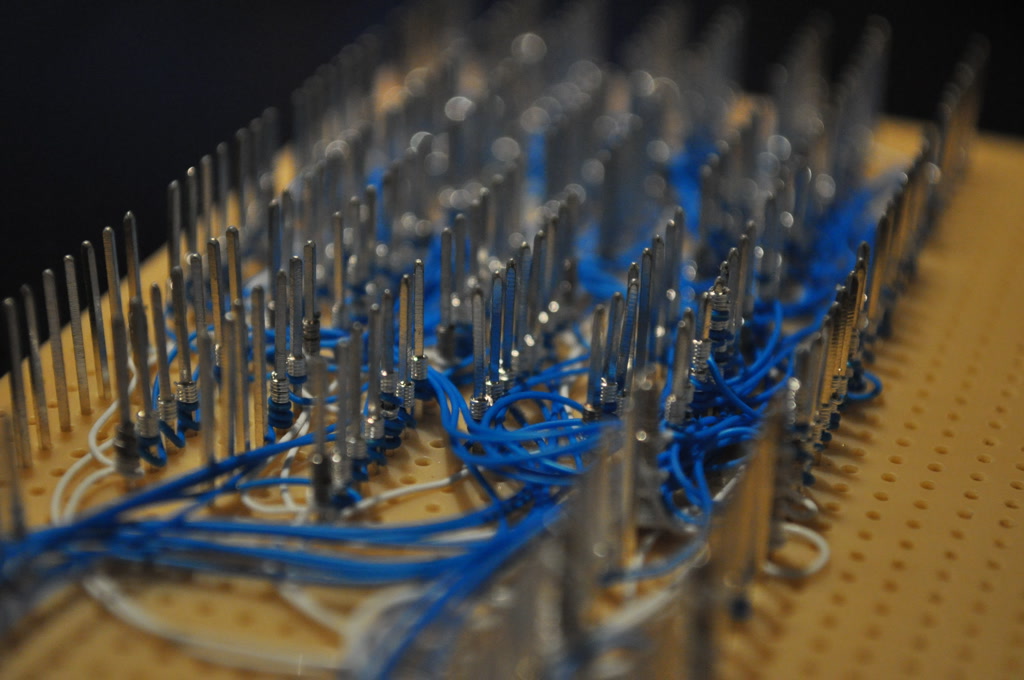 A closeup of the completed wire-wrap connections