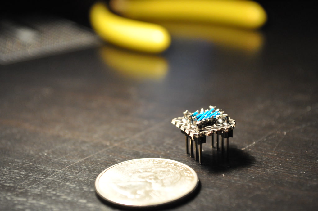 A top-down view of the soldered chip